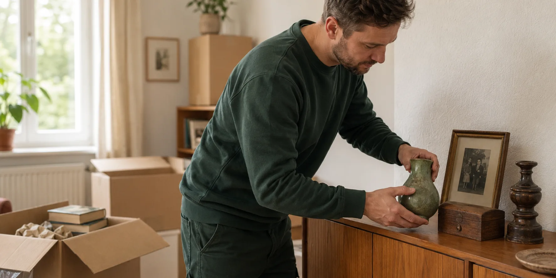 Sorgfältige Entrümpelung: ein Mitarbeiter sichtet Gegenstände beim Räumen einer Wohnung