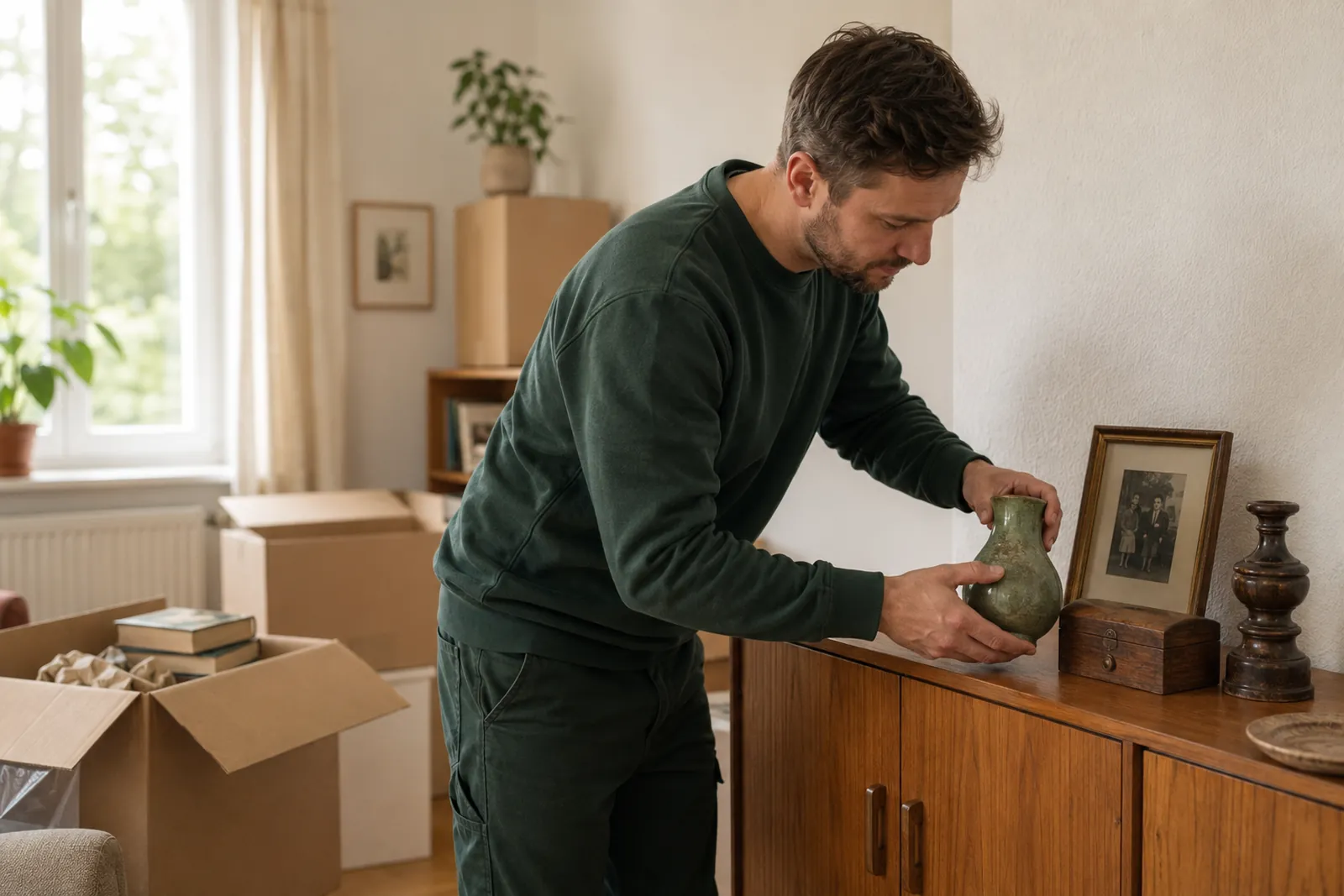 Sorgfältiger Umgang mit einer wertvollen Vase beim Räumen